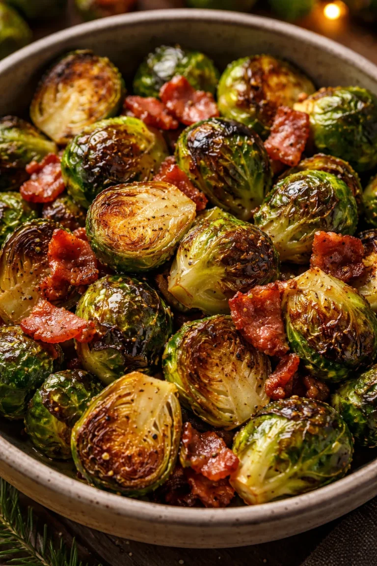 Bacon Brussels Sprouts dish with crispy bacon and roasted Brussels sprouts