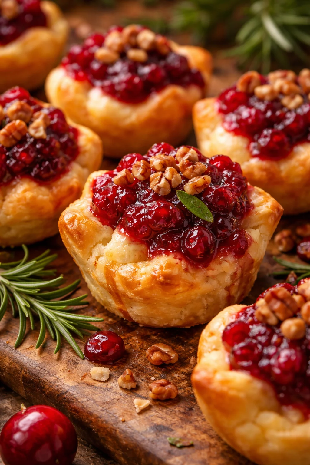 Delicious baked cranberry brie bites served on a platter.