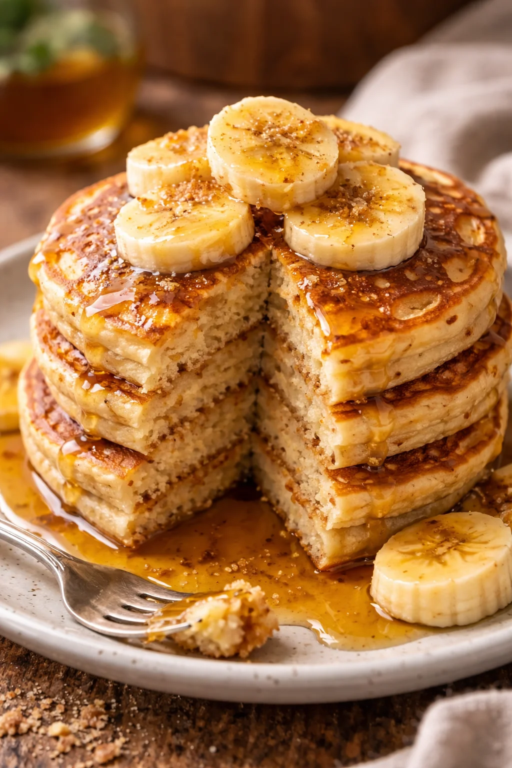 Fluffy banana pancakes topped with syrup and fresh fruit