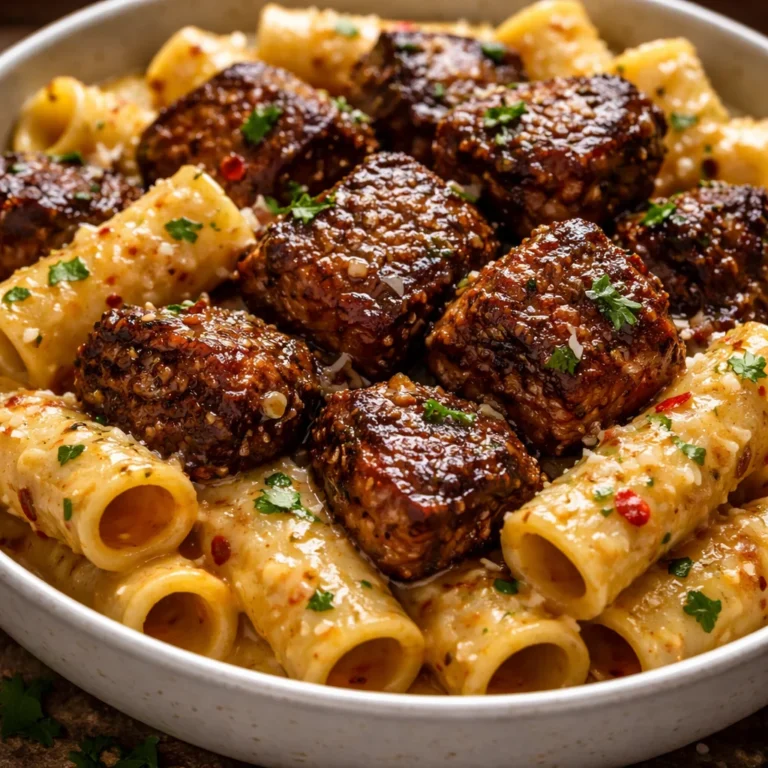 Cajun steak tips served with creamy parmesan rigatoni in a bowl