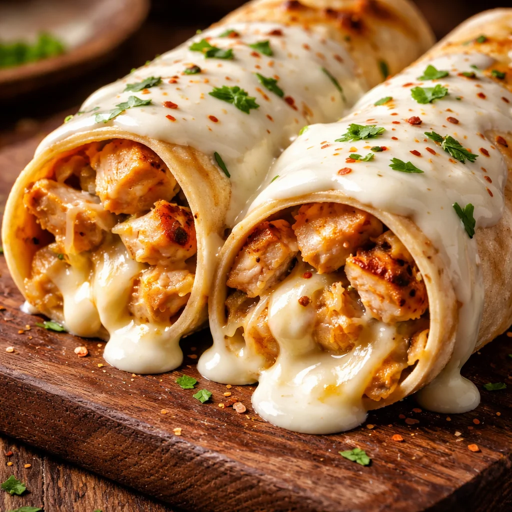 Cheesy garlic chicken wraps filled with savory chicken and melted cheese