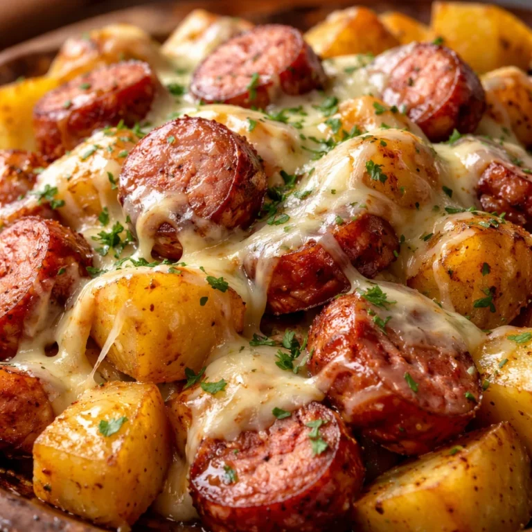 Delicious cheesy ranch potatoes with smoked sausage in a serving dish.