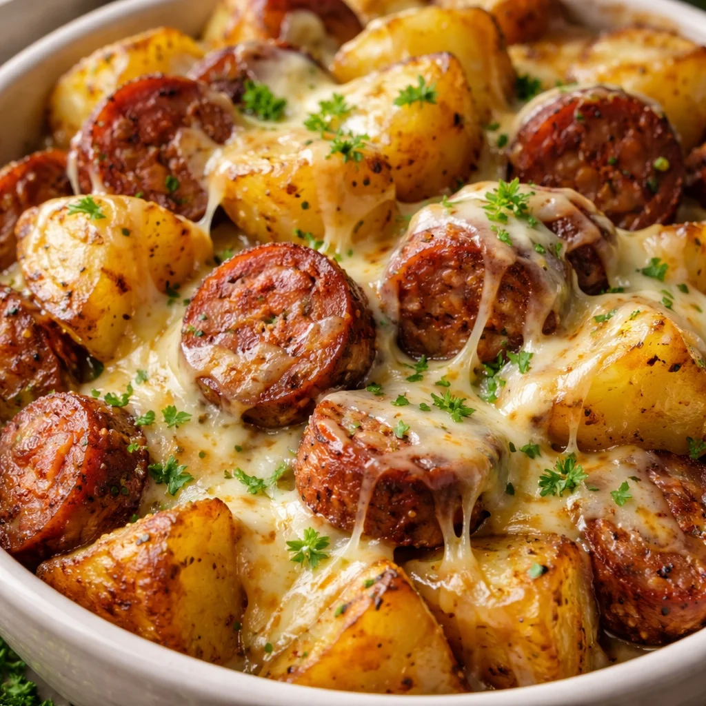 Cheesy Sausage and Potato Bake topped with melted cheese and herbs