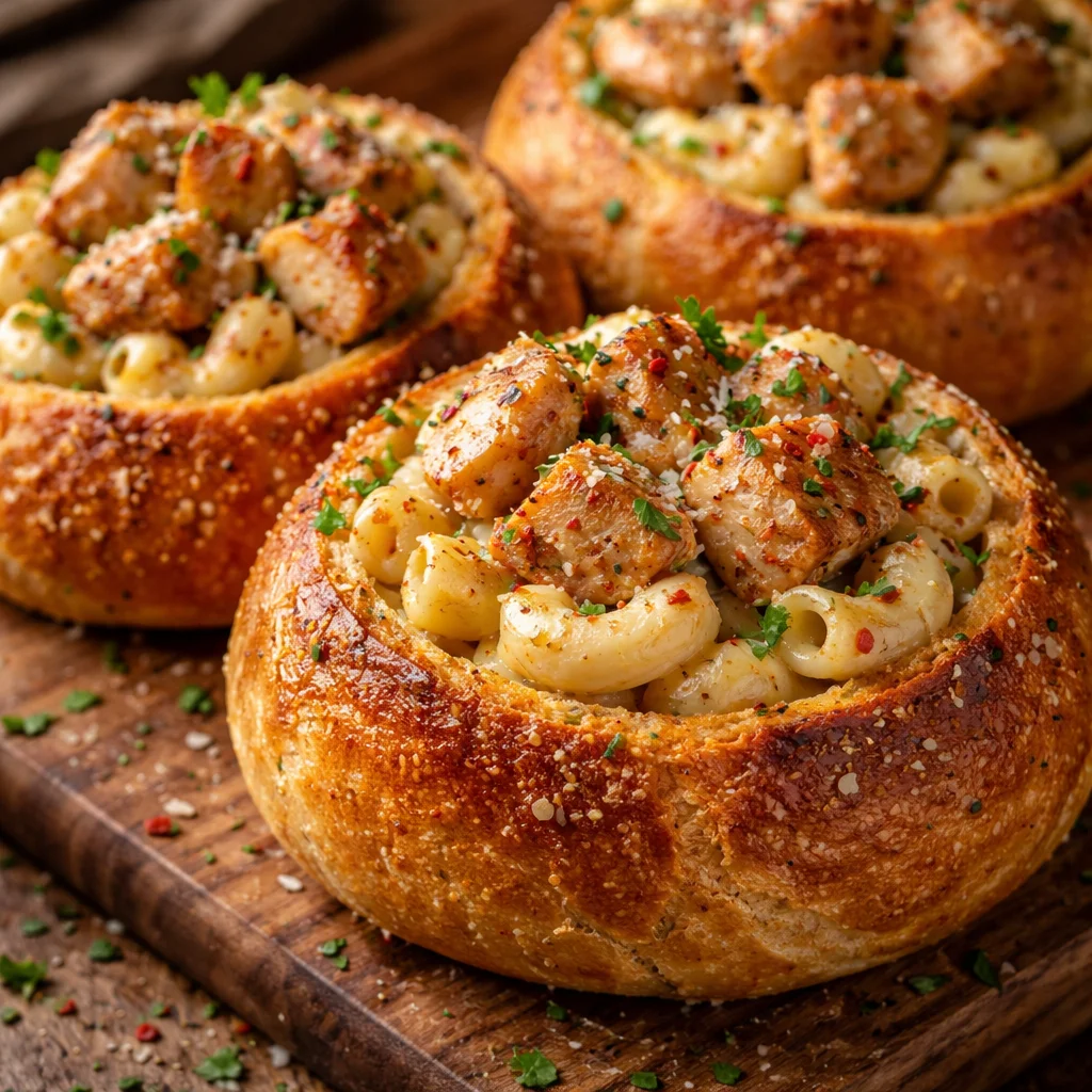 Chicken Alfredo Garlic Bread Bowls topped with fresh herbs and cheese