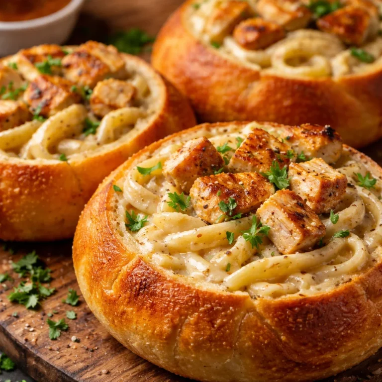 Chicken Alfredo Garlic Bread Bowls served with creamy sauce and garlic bread