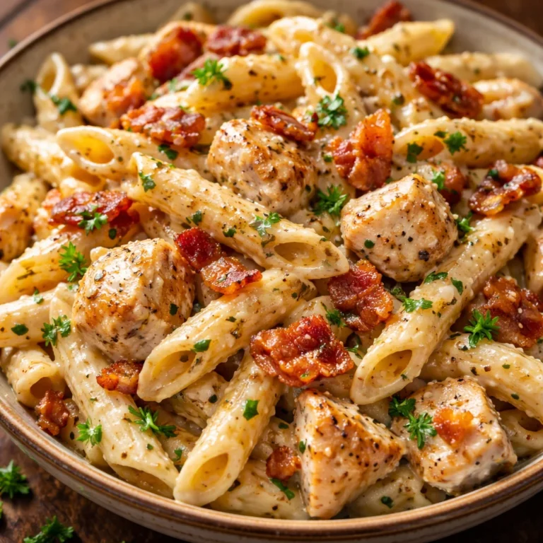 Creamy Chicken Bacon Ranch Pasta served in a bowl, topped with fresh parsley.