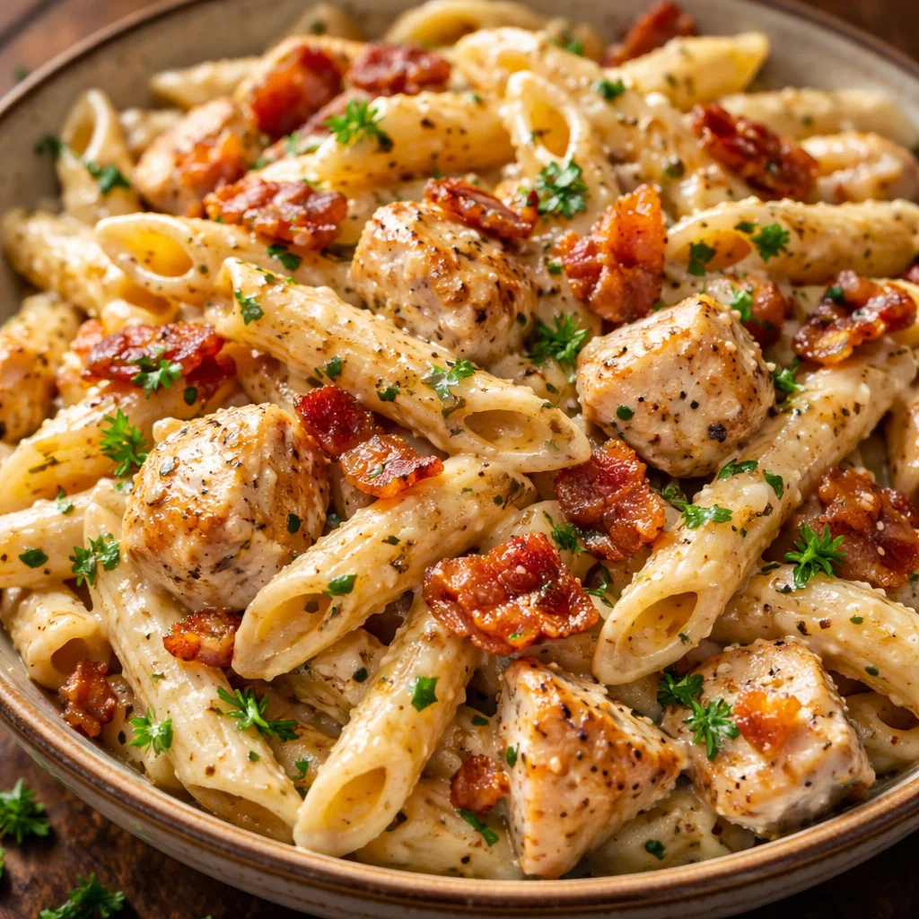 Creamy Chicken Bacon Ranch Pasta served in a bowl, topped with fresh parsley.