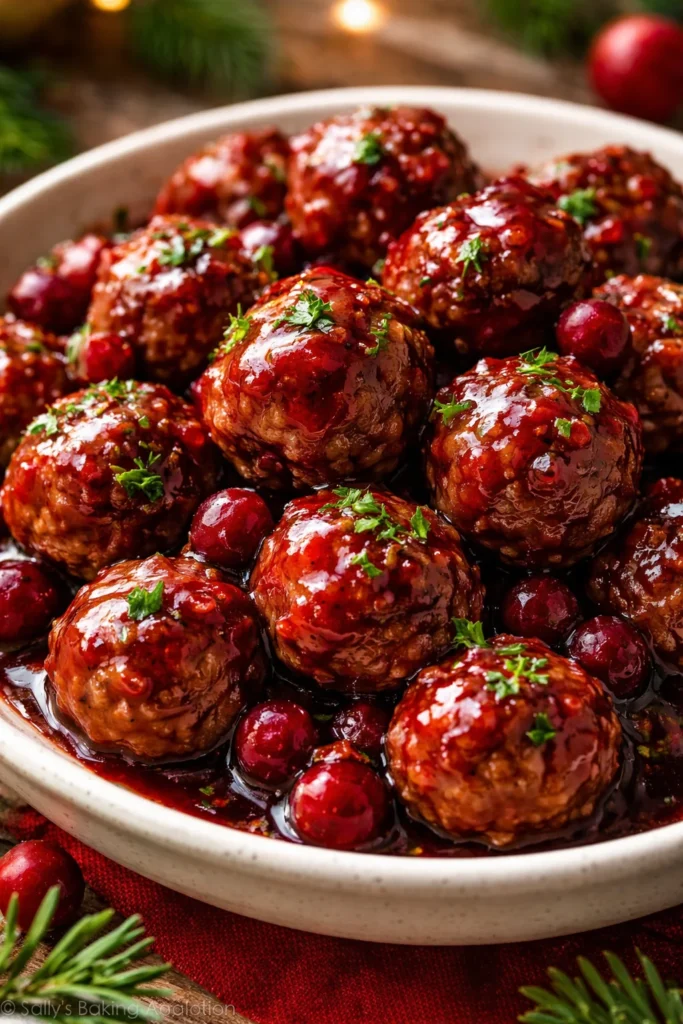 Christmas Cranberry Meatballs served on a festive platter