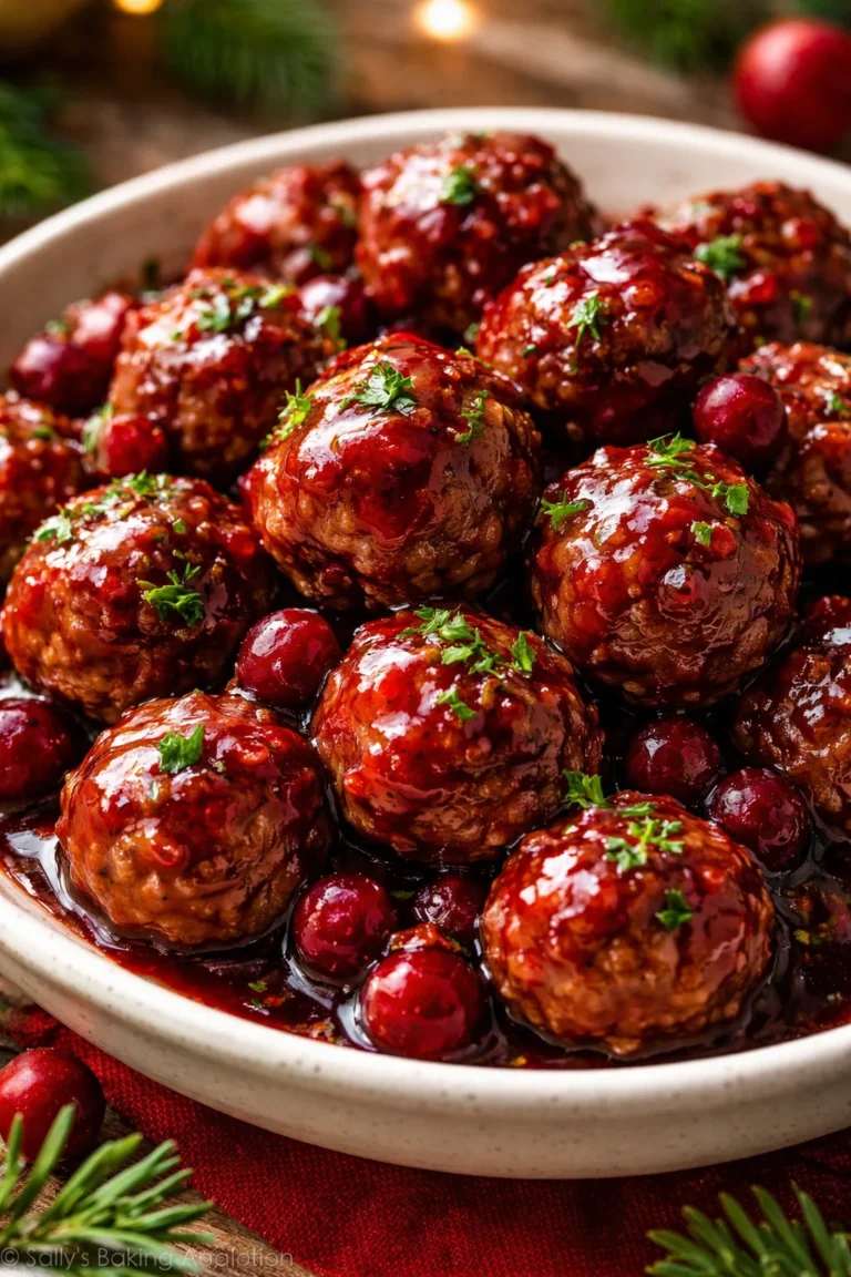 Christmas Cranberry Meatballs served on a festive platter