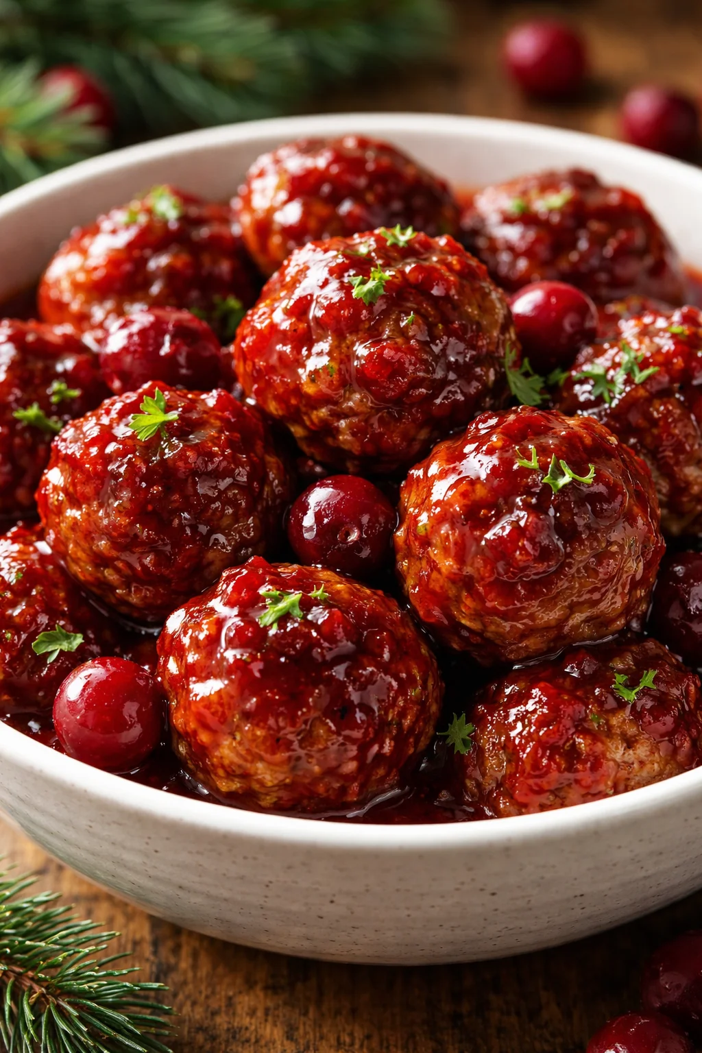 Christmas Cranberry Meatballs served on a festive platter