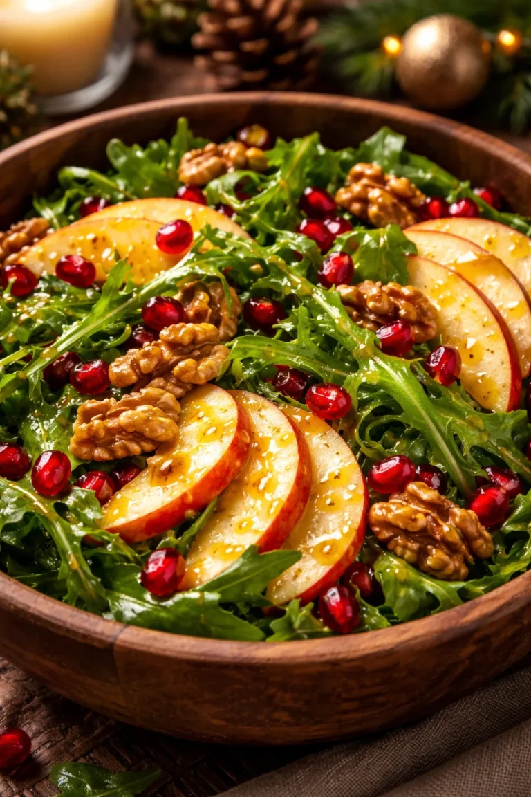 Festive Christmas salad topped with honey mustard dressing for a holiday celebration