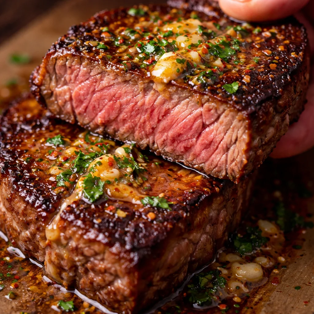 Juicy Cowboy Butter Steak topped with butter and herbs