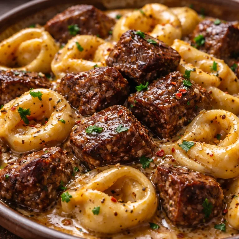 Delicious Cracked Garlic Steak Tortellini topped with herbs and garlic sauce