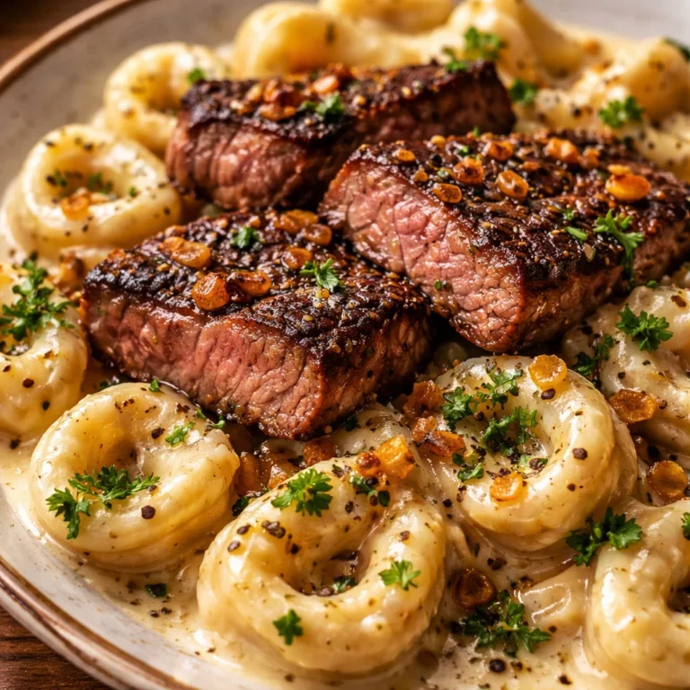 Cracked Garlic Steak Tortellini in creamy sauce served in a bowl