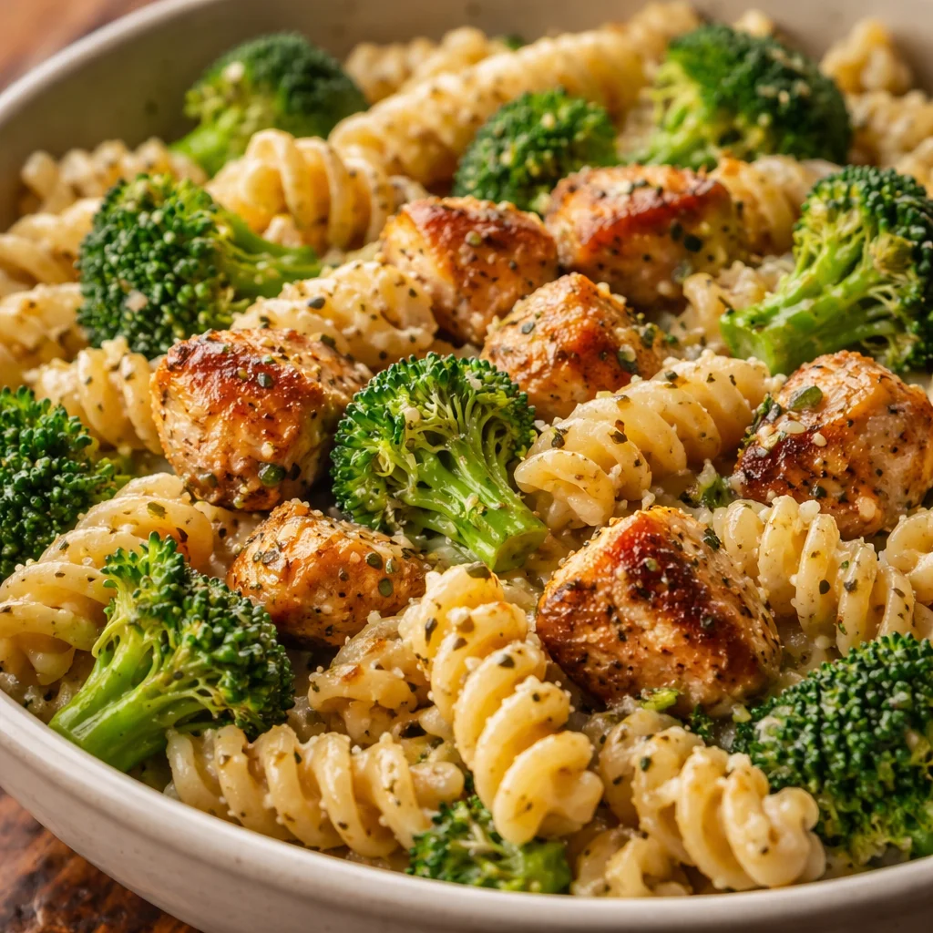 Creamy rotisserie chicken pasta with broccoli served in a bowl