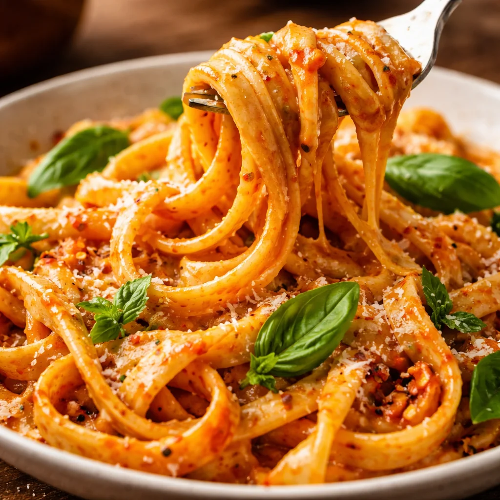 Creamy tomato garlic pasta garnished with fresh basil and parmesan cheese.