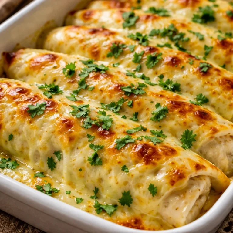 Creamy white chicken enchiladas recipe with cheese and sauce