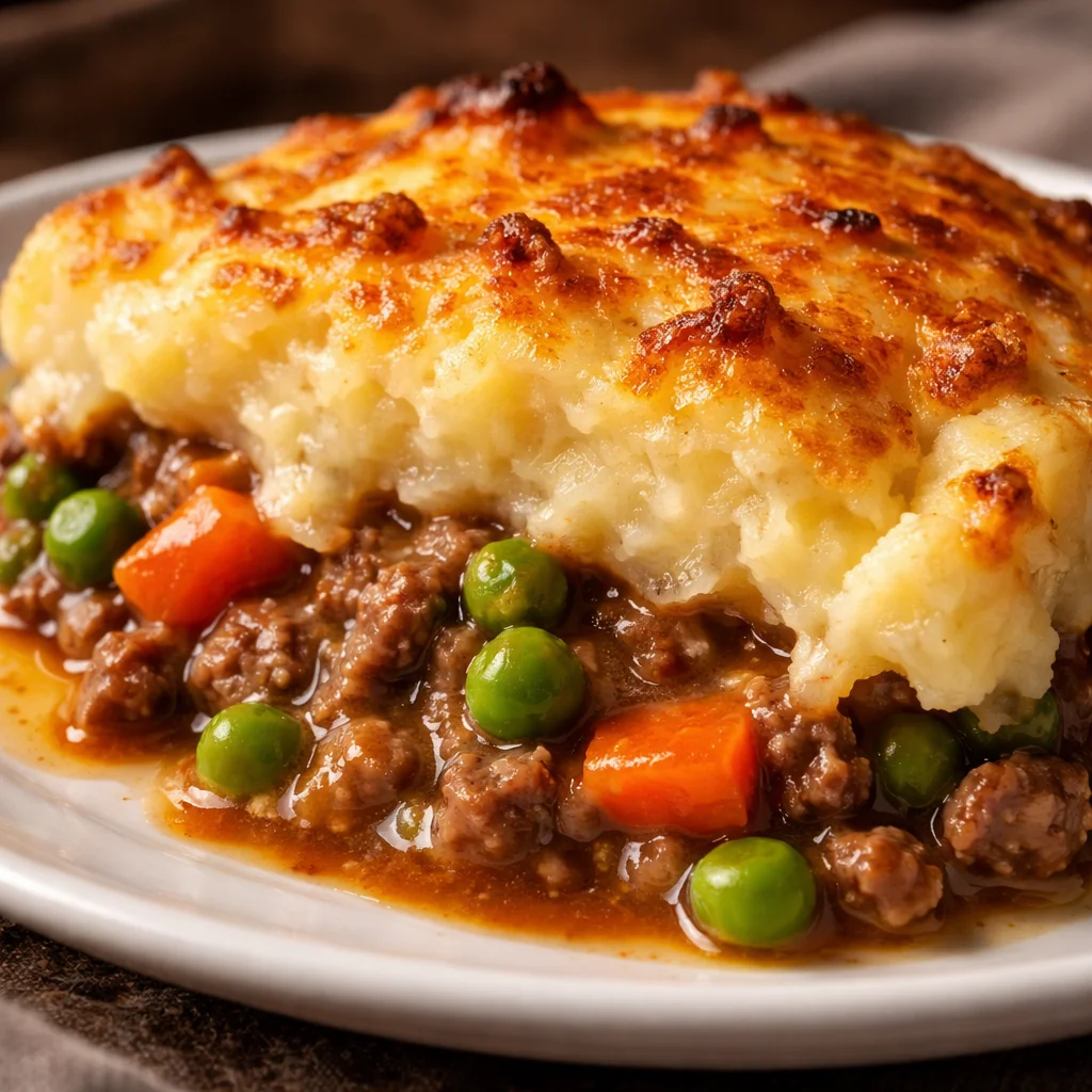 Delicious Easy Shepherd's Pie Casserole topped with creamy mashed potatoes.