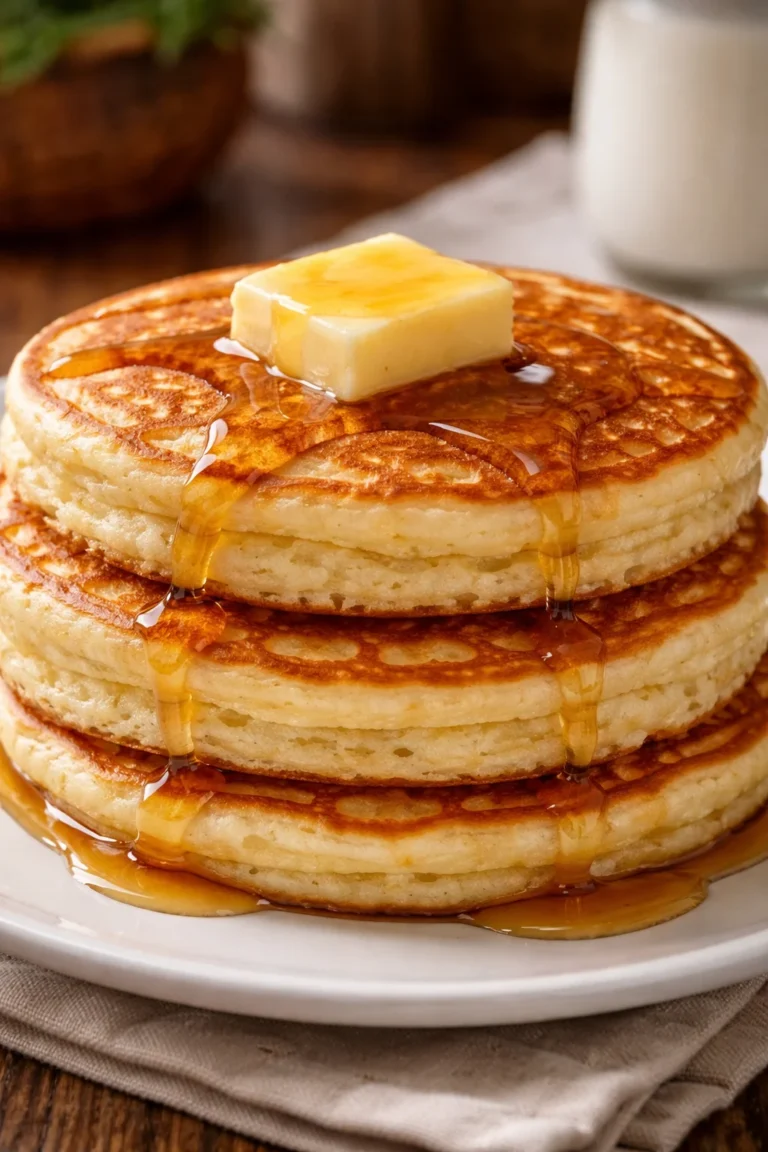 Fluffy golden pancakes stacked on a plate with syrup and berries