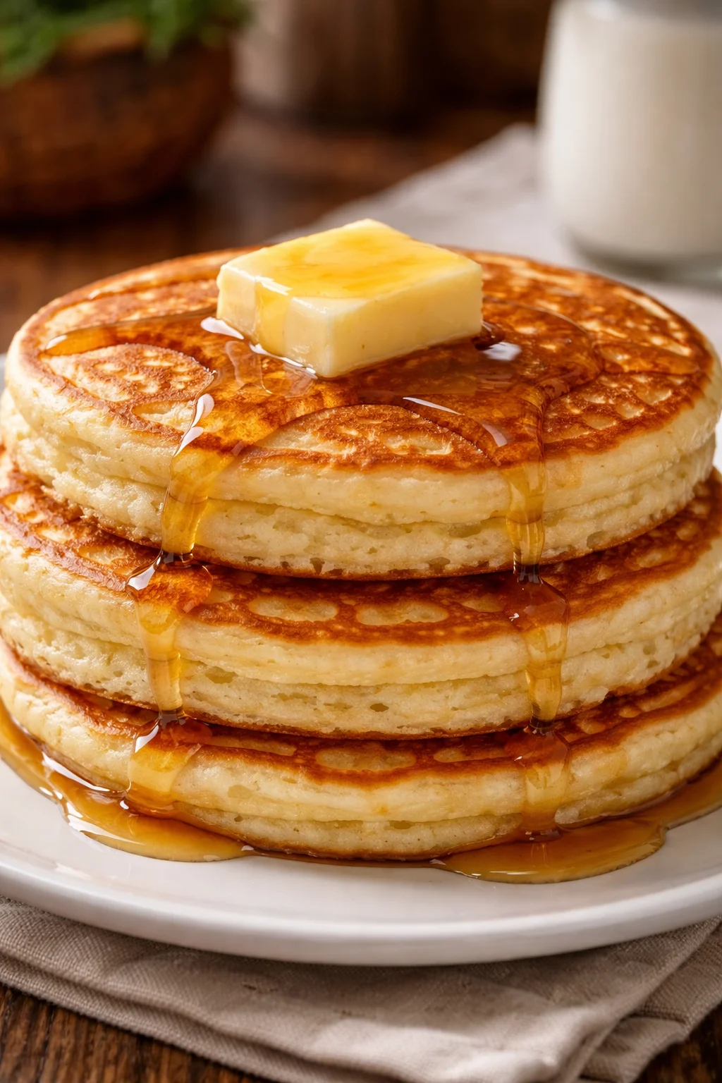 Fluffy golden pancakes stacked on a plate with syrup and berries