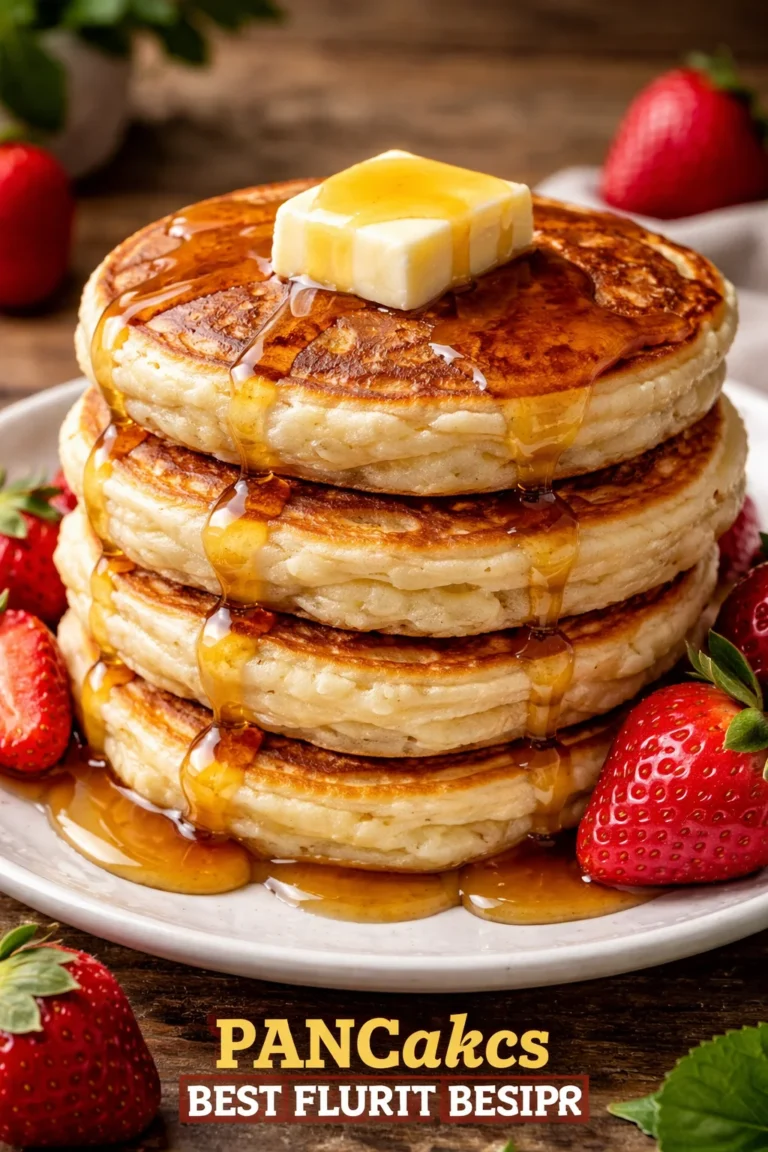 Stack of fluffy pancakes topped with syrup and fresh berries