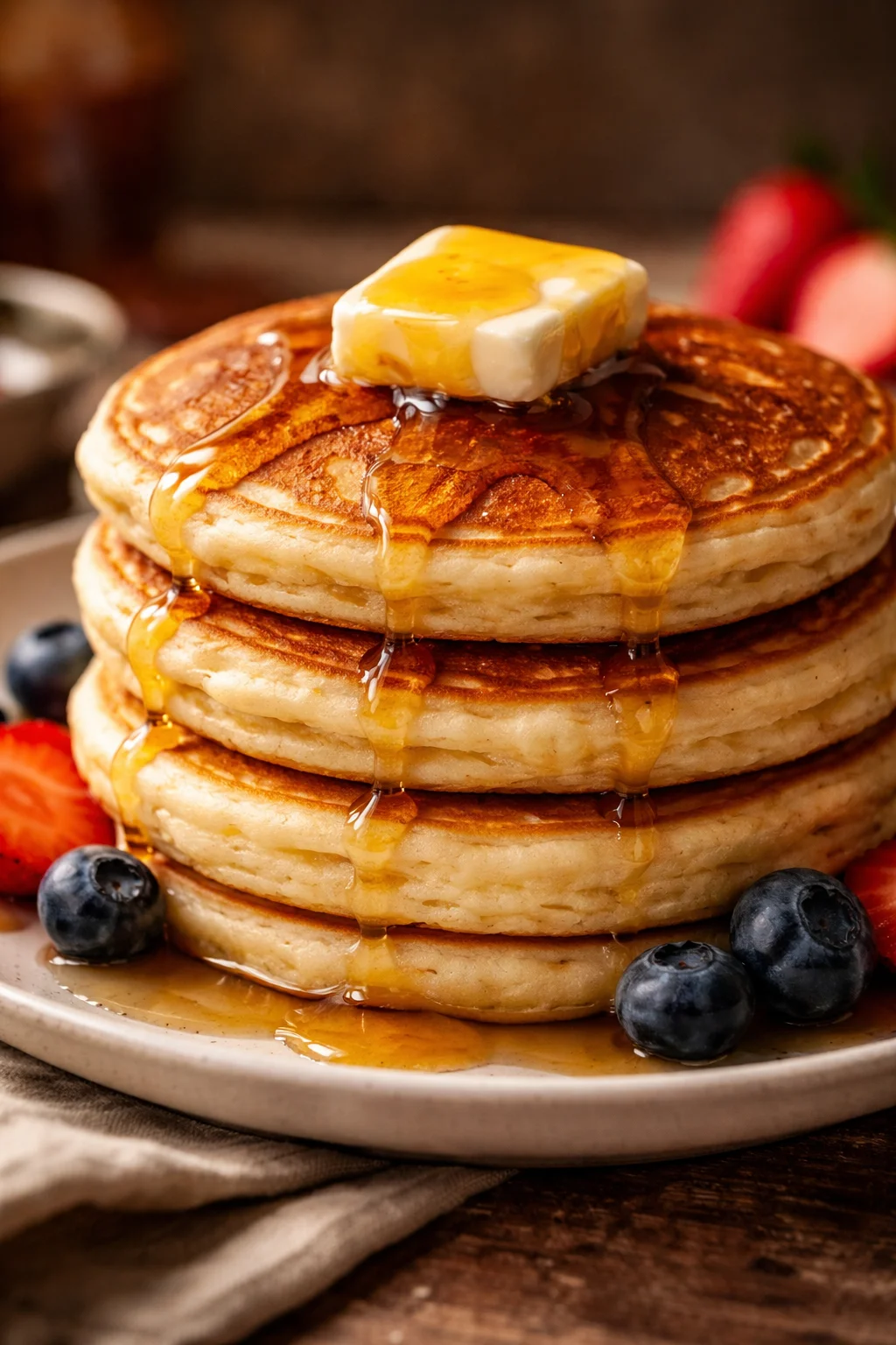 Stack of fluffy pancakes topped with syrup and berries