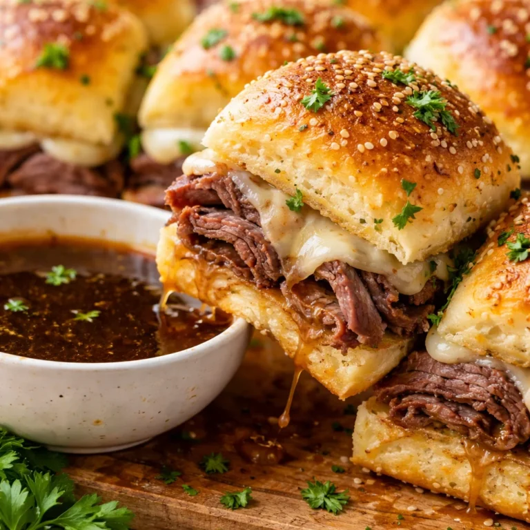 Delicious French Dip Sliders served with au jus for dipping