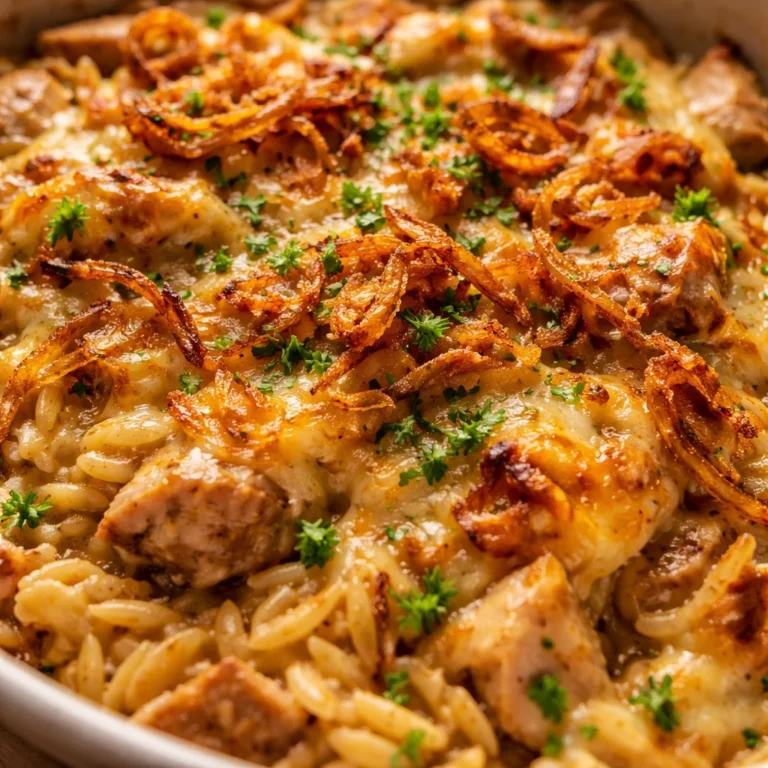 Delicious French onion chicken orzo casserole topped with melted cheese.