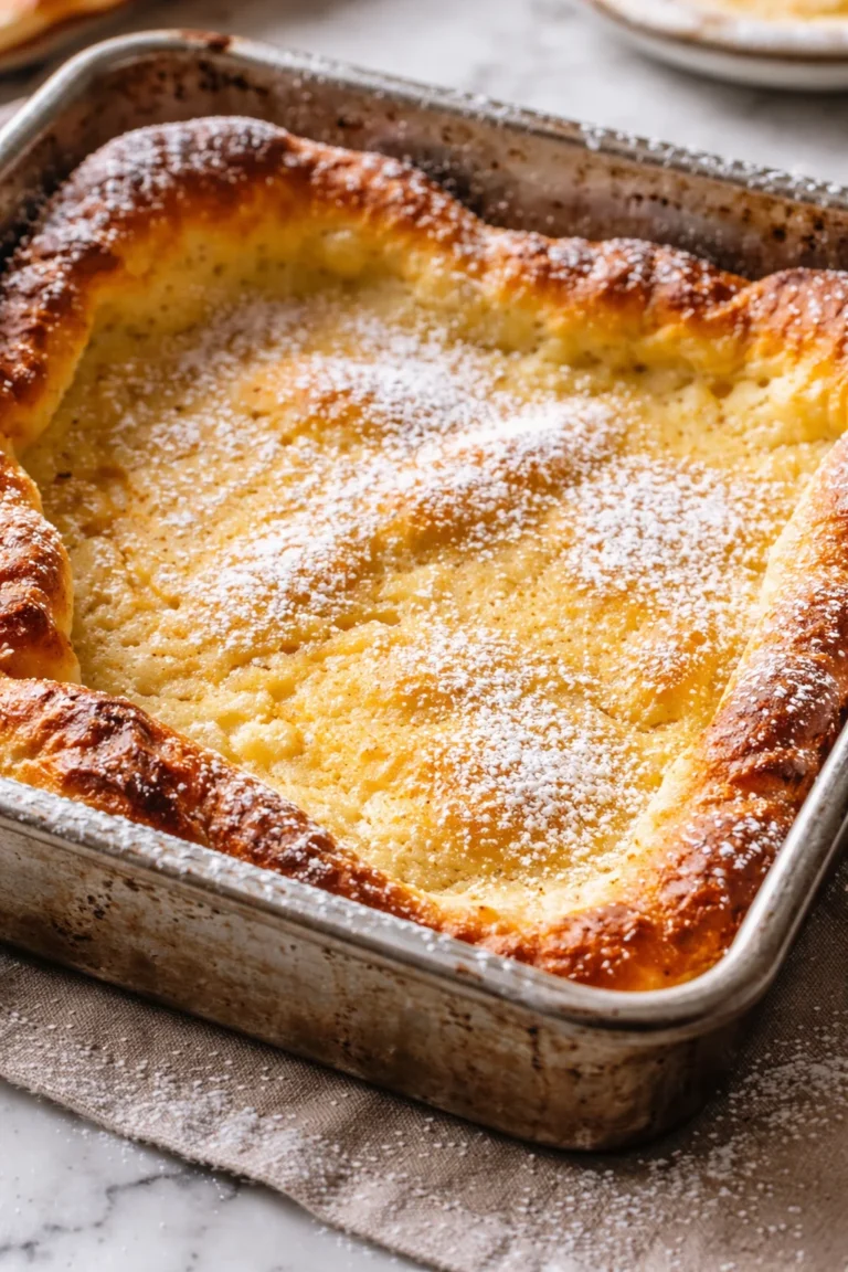 Fluffy German pancakes served with syrup and powdered sugar