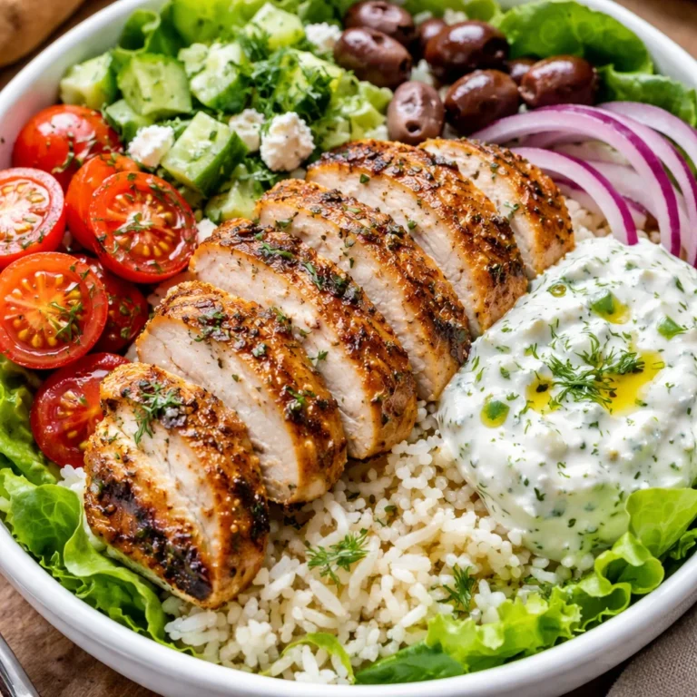 Delicious Greek Chicken Bowl with fresh vegetables and herbs