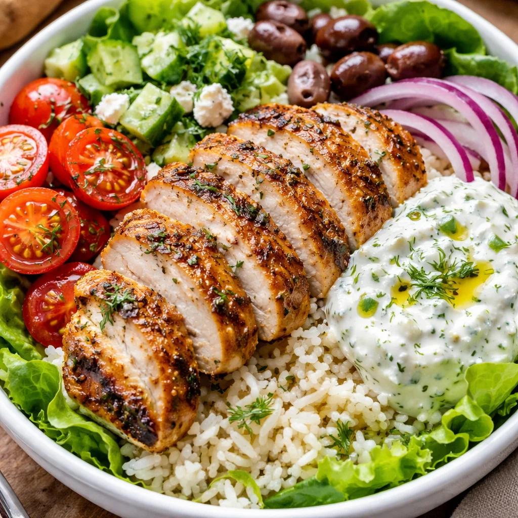 Delicious Greek Chicken Bowl with fresh vegetables and herbs