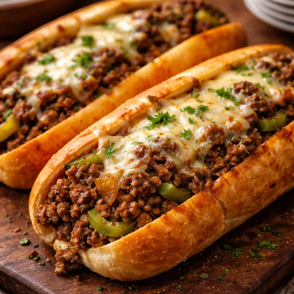 Delicious Ground Beef Philly Cheesesteak served with melted cheese in a fresh hoagie roll