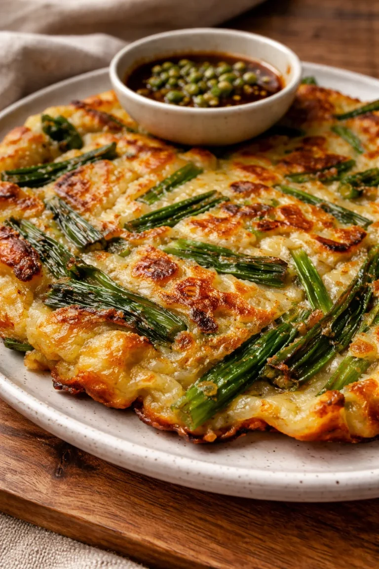 Crispy Korean scallion pancake served with dipping sauce