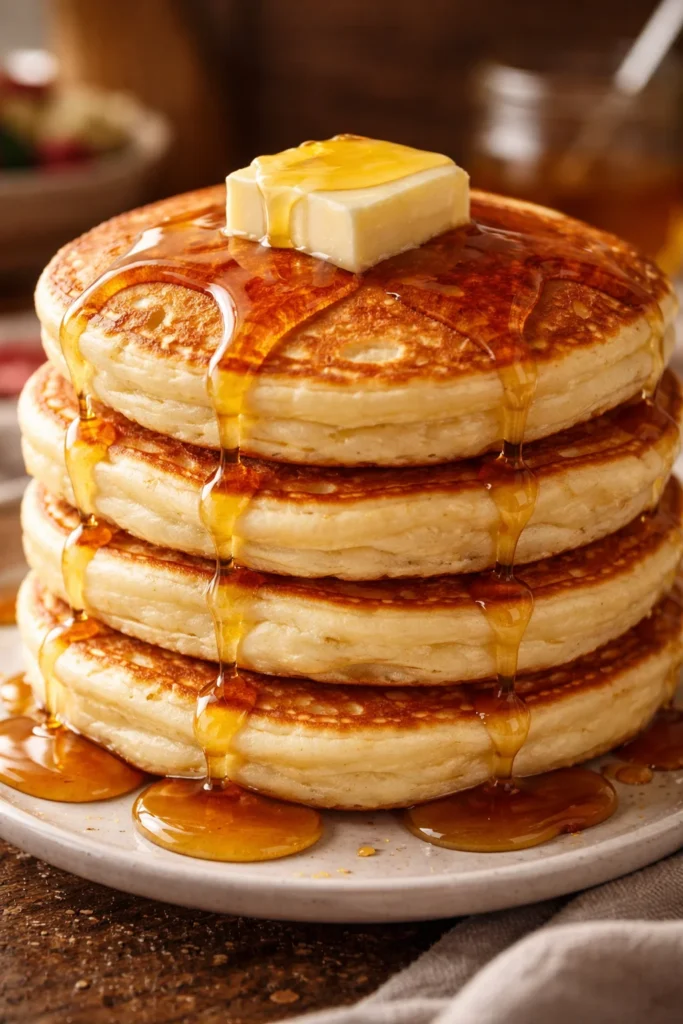 Homemade fluffy pancakes stacked with syrup and berries for breakfast.