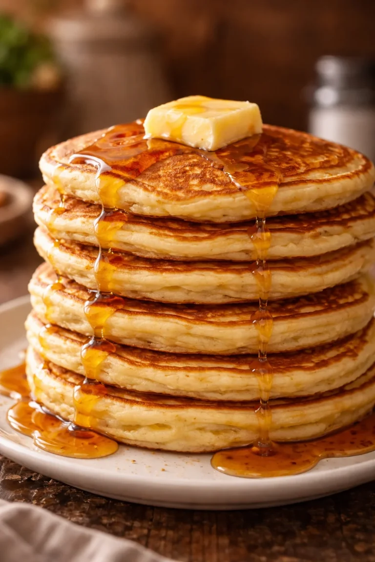 Stack of fluffy old-fashioned pancakes with syrup and berries