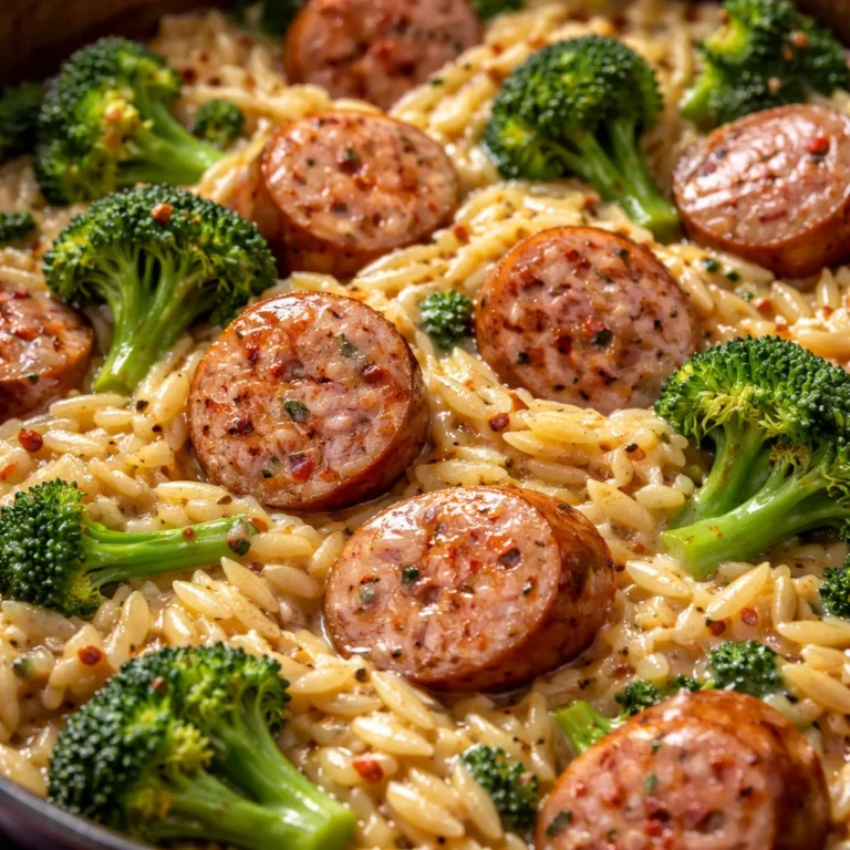One-Pan Creamy Orzo with Chicken Sausage garnished with herbs