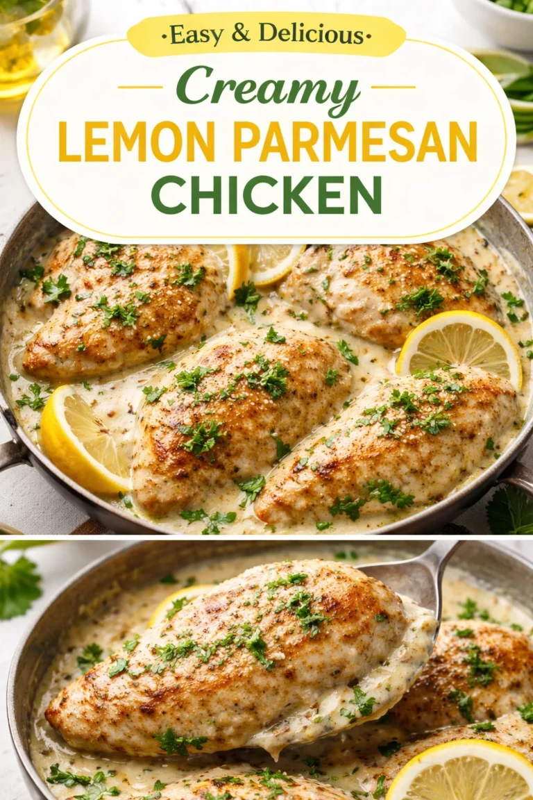 Deliciously baked Parmesan Chicken garnished with herbs and served on a plate.