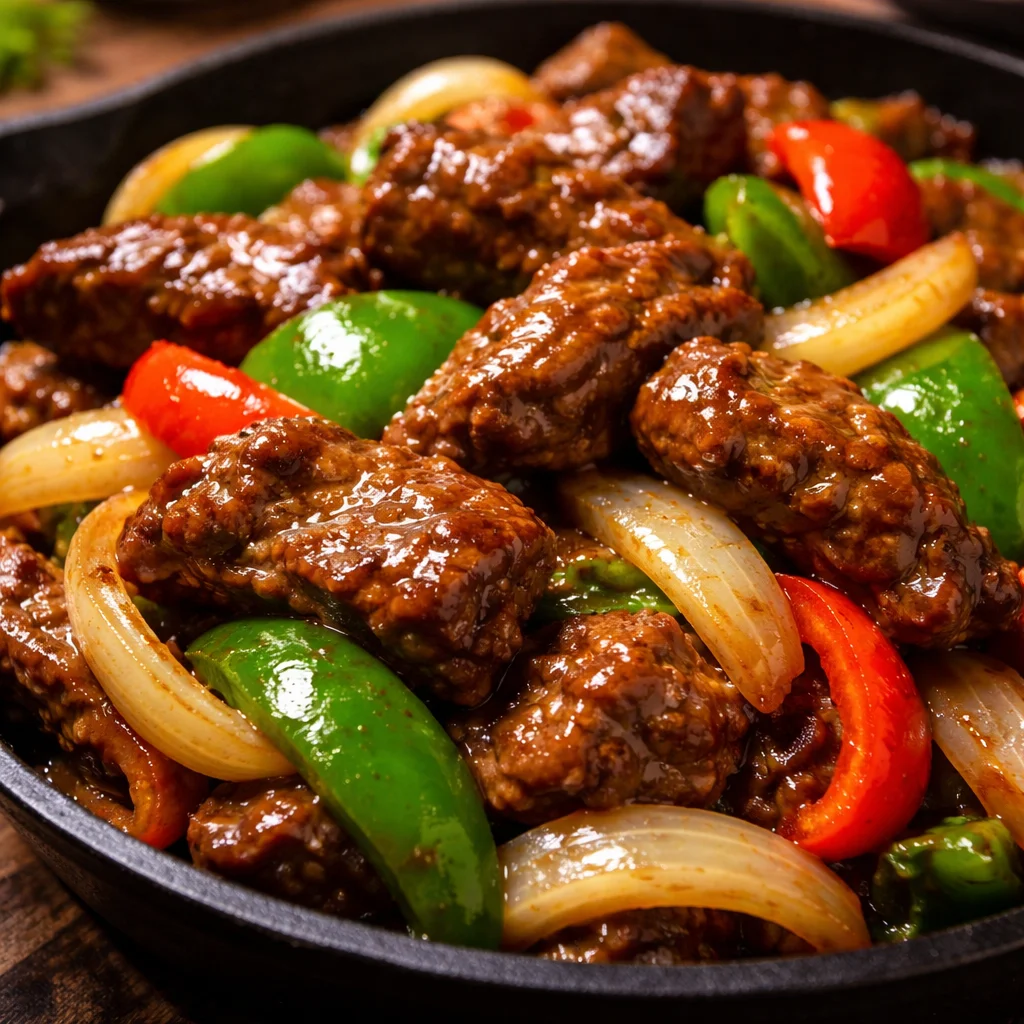 Sizzling Chinese pepper steak with onions served on a plate
