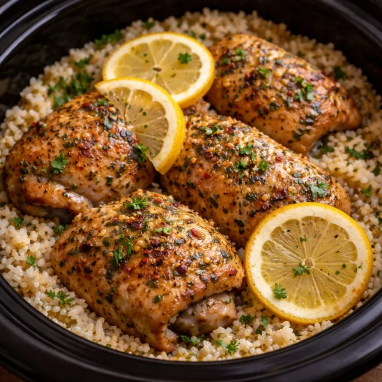 Plate of Slow Cooker Lemon Herb Chicken garnished with fresh herbs