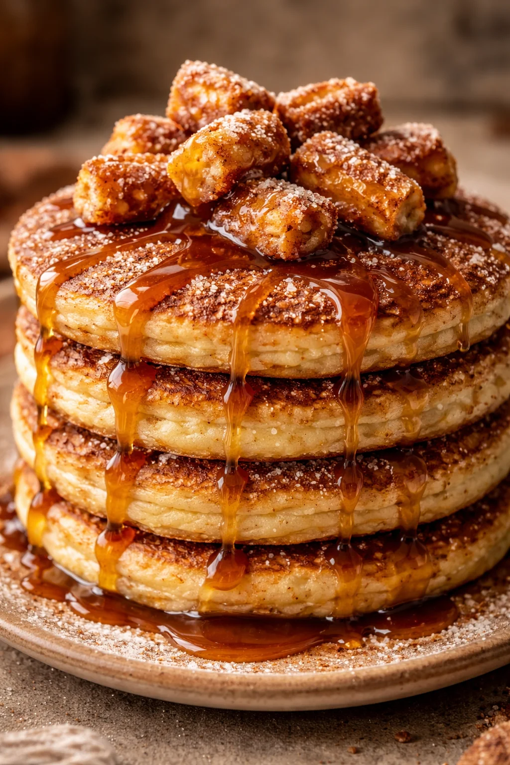 Delicious Spanish churro-inspired pancakes stacked and topped with chocolate sauce.