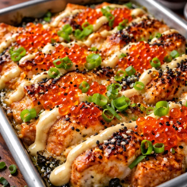 Delicious Spicy Salmon Sushi Bake topped with crunchy ingredients and vibrant colors.