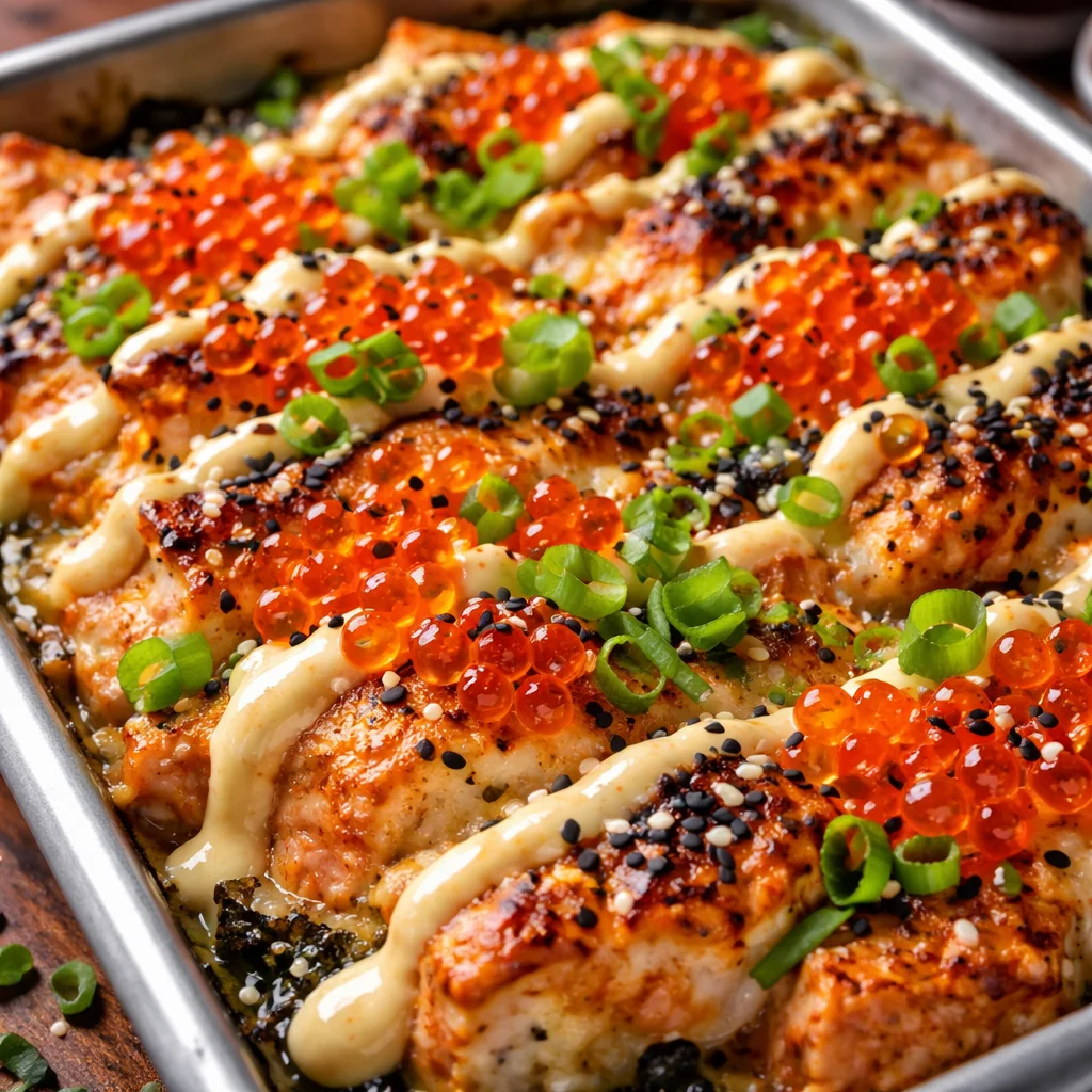 Delicious Spicy Salmon Sushi Bake topped with crunchy ingredients and vibrant colors.