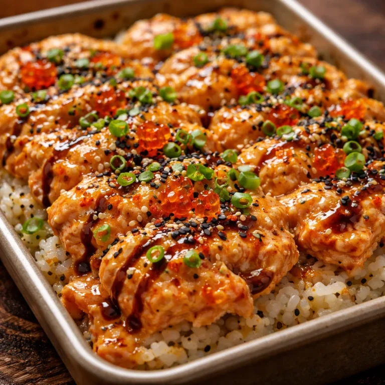 Spicy salmon sushi bake, a delicious twist on traditional sushi dishes.