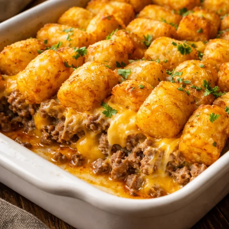 Tater Tot Casserole topped with crispy tater tots and melted cheese