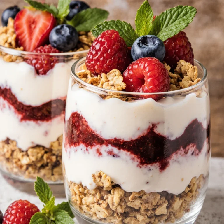 Berry yogurt parfait layered with granola, fresh berries, and creamy yogurt