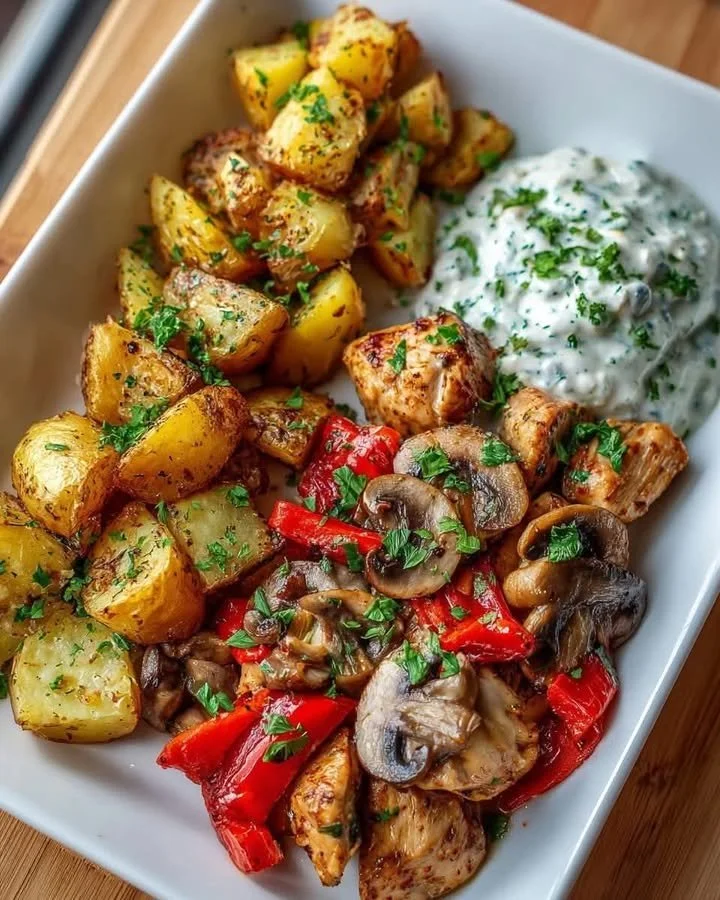 Baked roasted potatoes served with garlic chicken and creamy spinach yogurt sauce