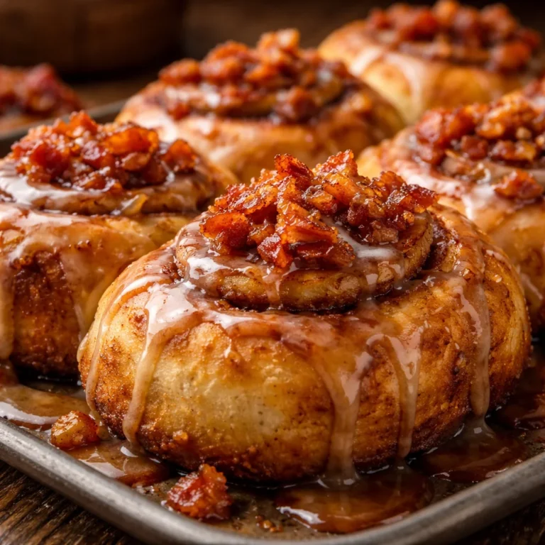 Bourbon Maple Bacon Cinnamon Rolls drizzled with maple glaze