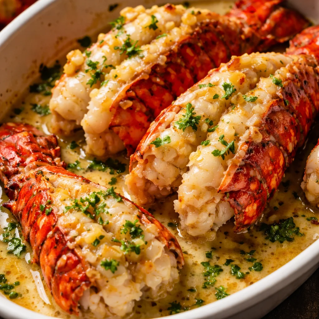 Broiled lobster tails in creamy garlic butter sauce on a plate