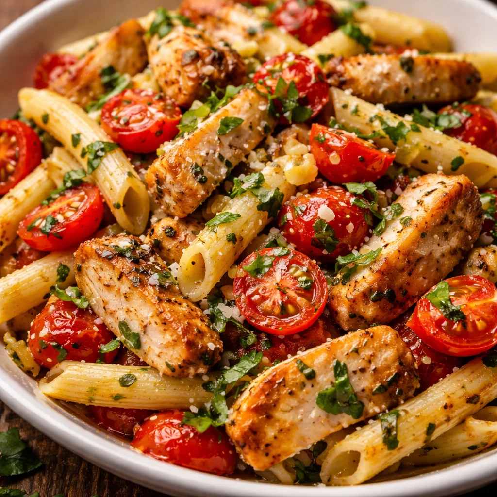 Delicious Bruschetta Chicken Pasta with fresh tomatoes and basil