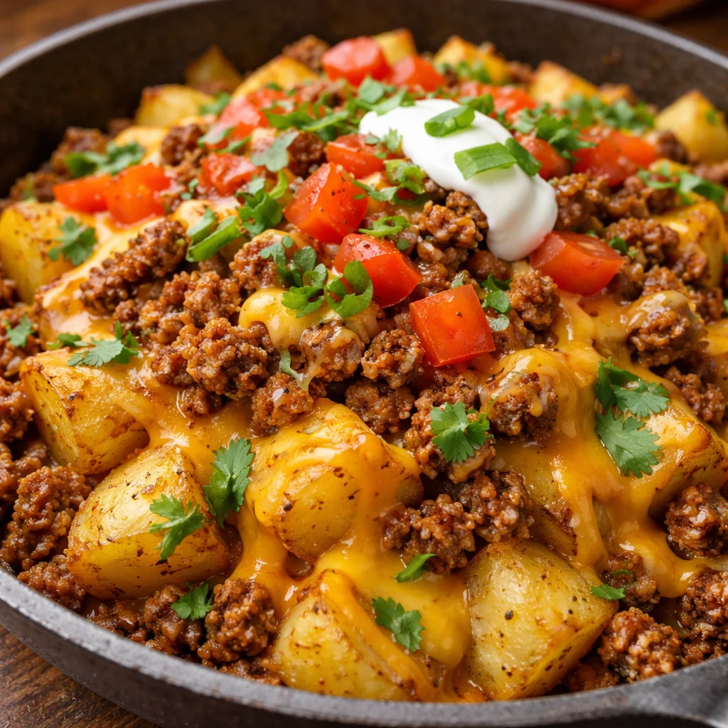 Delicious cheesy taco potatoes topped with cheese and spices